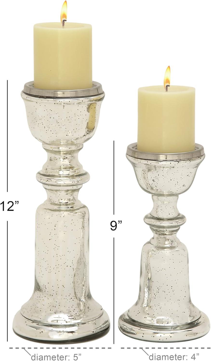 DecMode 2 Candle Silver Glass Handmade Turned Style Pillar Candle Holder, Set of 2