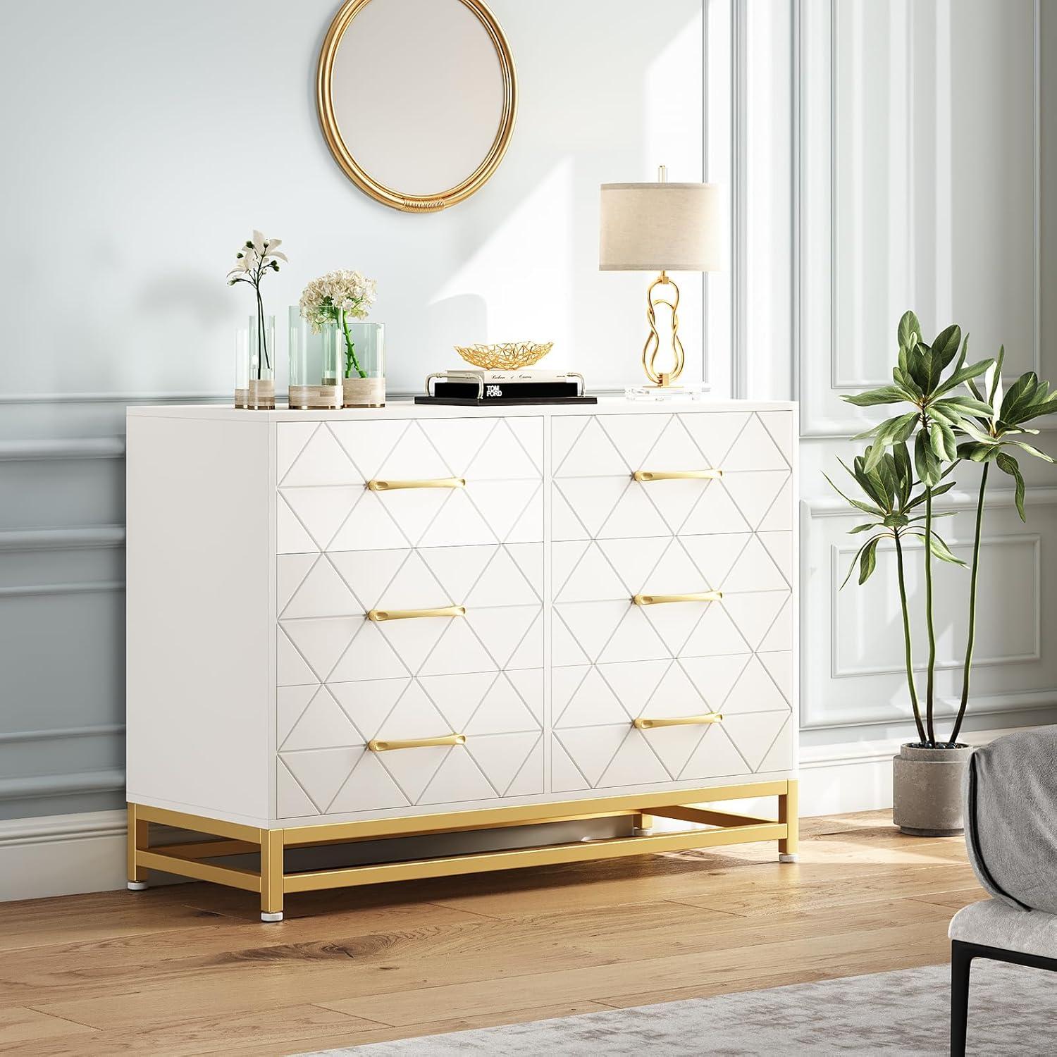 Jojoka Dresser for Bedroom with 6 Drawer, TV Stand Wood Dressers Chest of Drawers with Wide Drawers and Metal Handles for Living Room Hallway Entryway, White