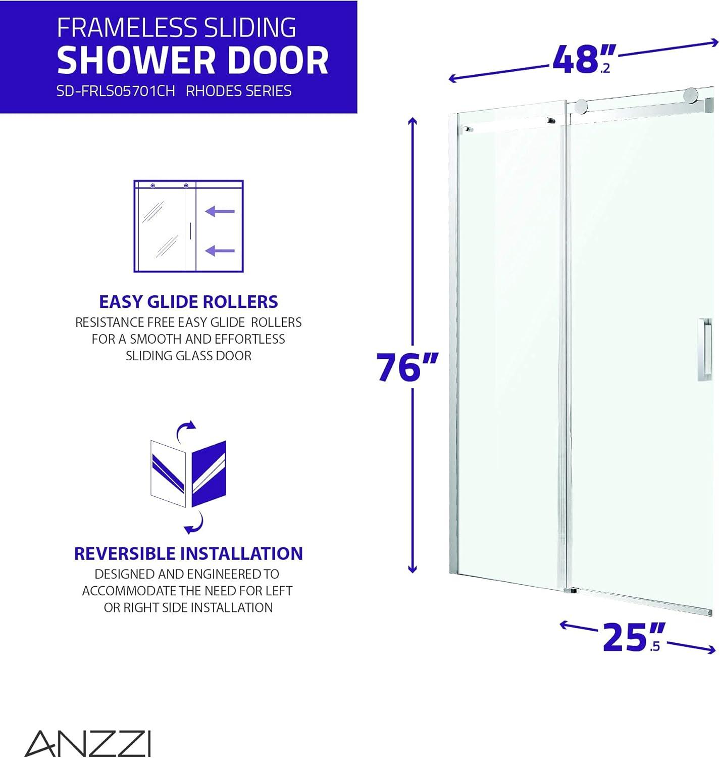 Anzzi SD-FRLS05701CH 48 x 76 in. Rhodes Series Frameless Sliding Shower Door with Handle, Chrome