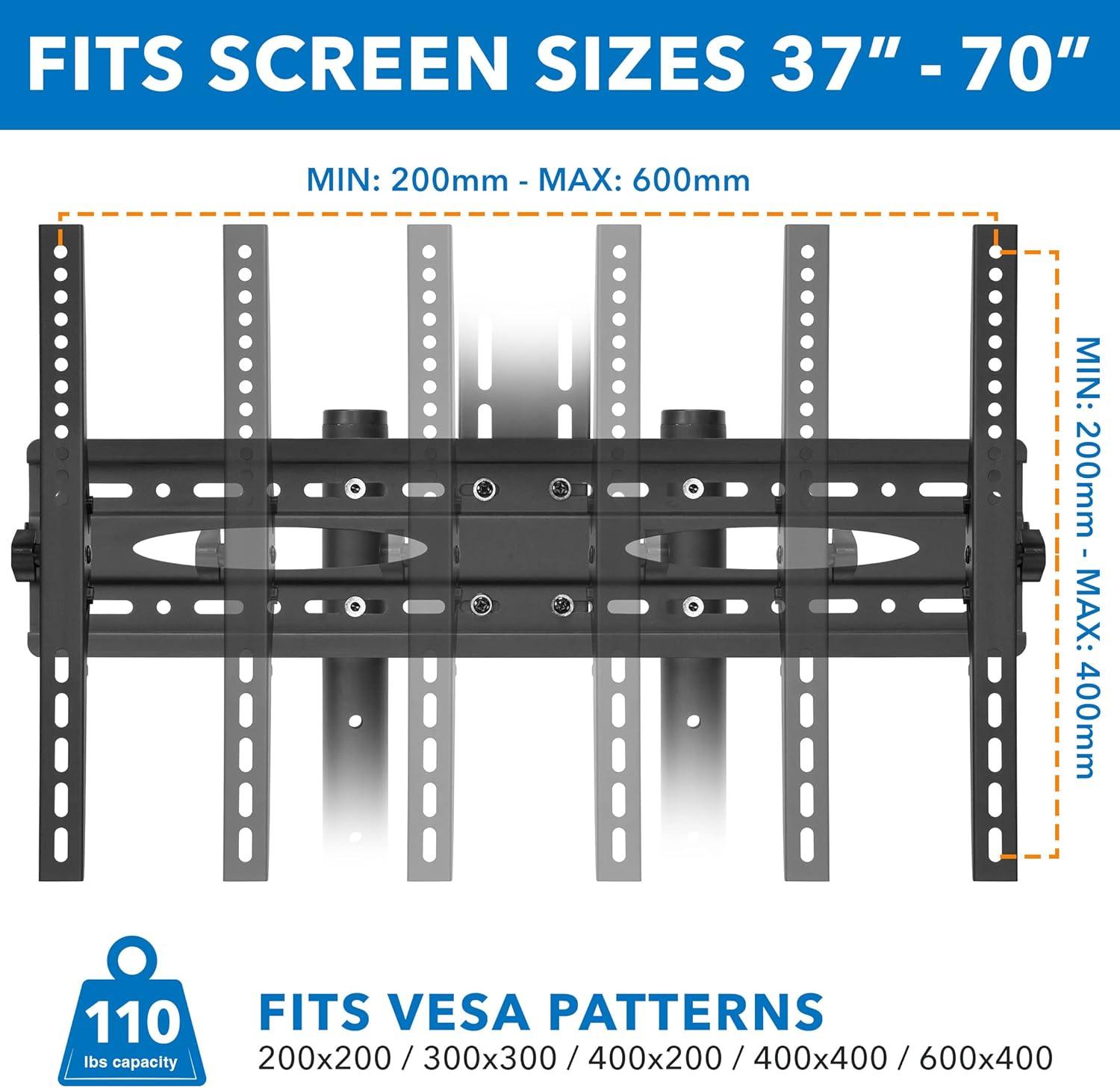 Mount-It! TV Cart Mobile TV Stand Wheeled Height Adjustable Flat Screen Television Floor Stands with Rolling Casters and Shelf, VESA Compatible TV Mount Bracket Fits Displays 37 to 70 Inch, 110 Lbs