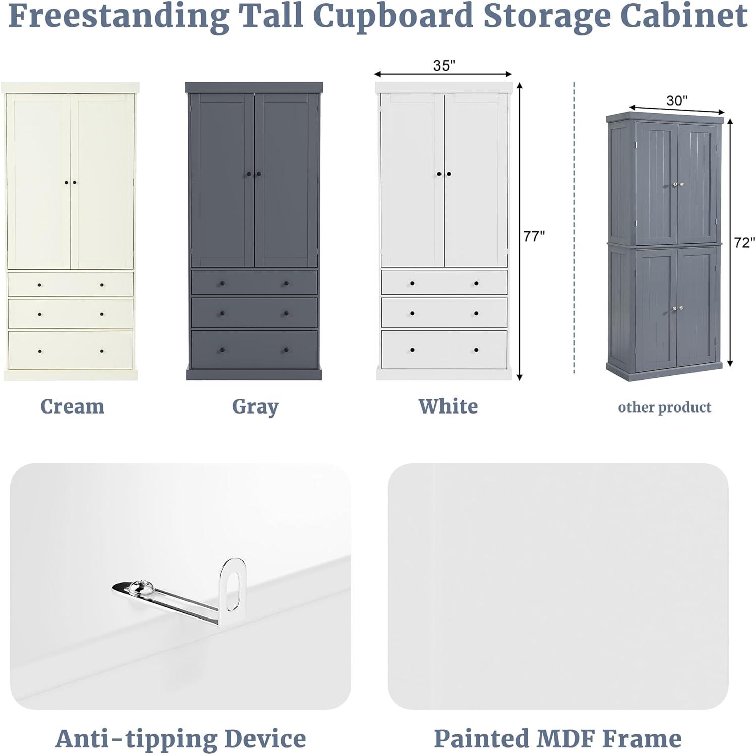 77inch Farmhouse Kitchen Pantry, Wood Storage Cabinet With 3 Adjustable Shelves, Freestanding Tall Cupboard Storage Cabinet With 8 Door Shelves And 3 Drawers For Kitchen, Dining Room (White-CR)