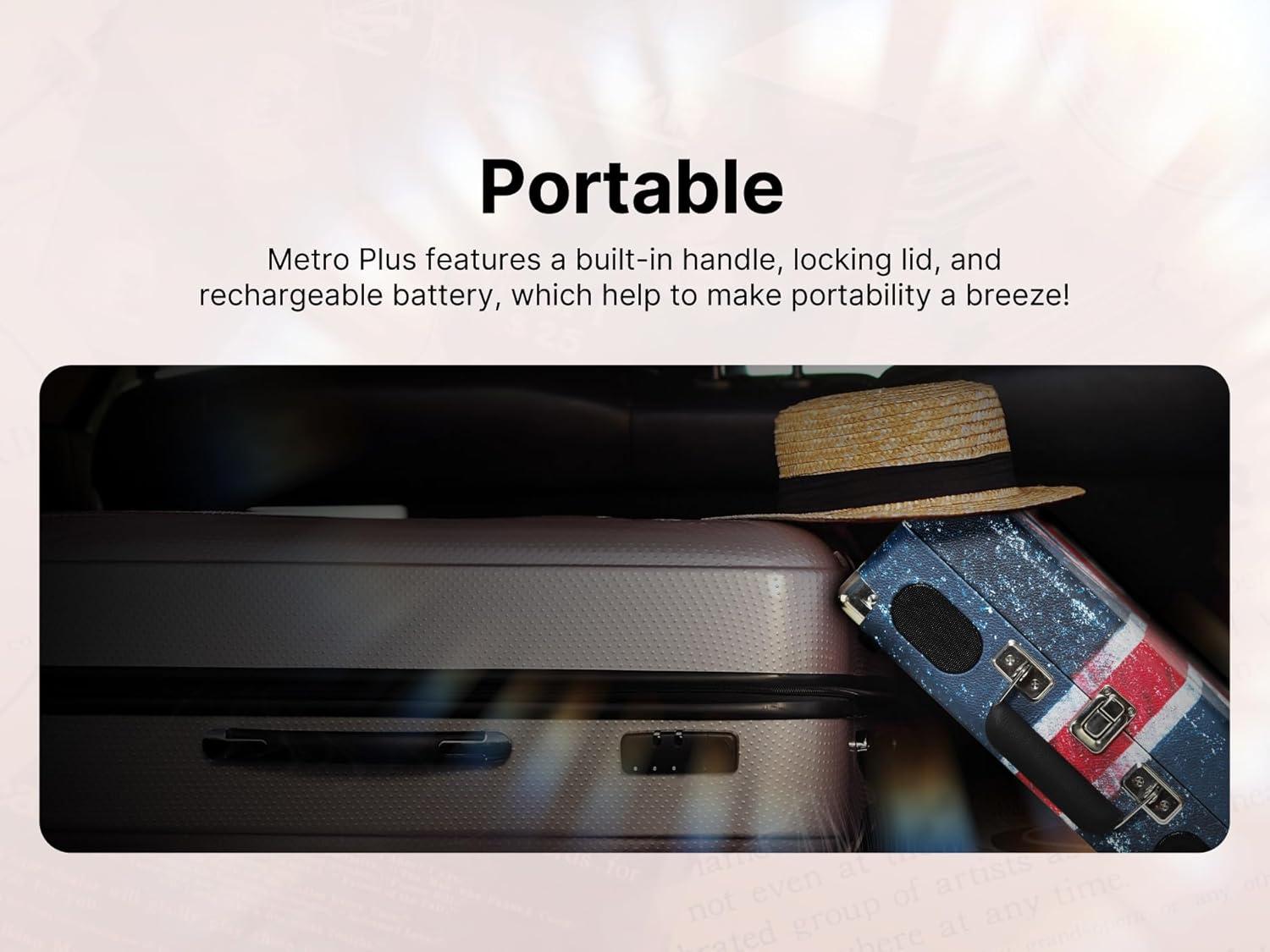 Victor Metro Plus Battery-Powered Bluetooth Suitcase Turntable | 3-Speed Vinyl Record Player with Built-in Stereo Speakers, Rechargeable Battery, RCA Output, Aux Input, and 45 RPM Adaptor, VSRP-850B