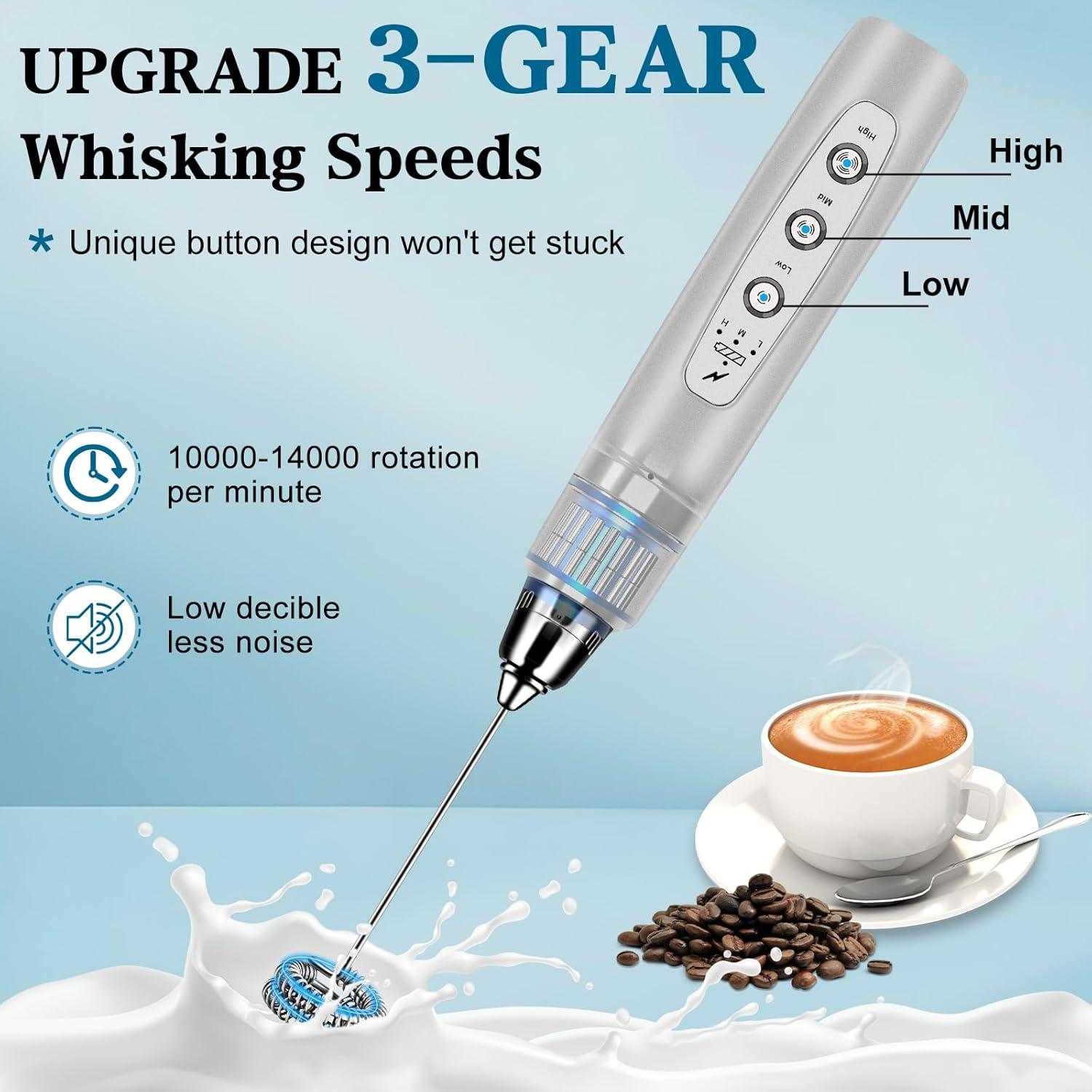 Nahida Silver Milk Frother Wand for Coffee, Frother Handheld Rechargeable Electric Whisk with 3 Heads 3 Speeds Drink Mixer Coffee Frother Foam Maker For Latte, Cappuccino, Hot Chocolate, Egg