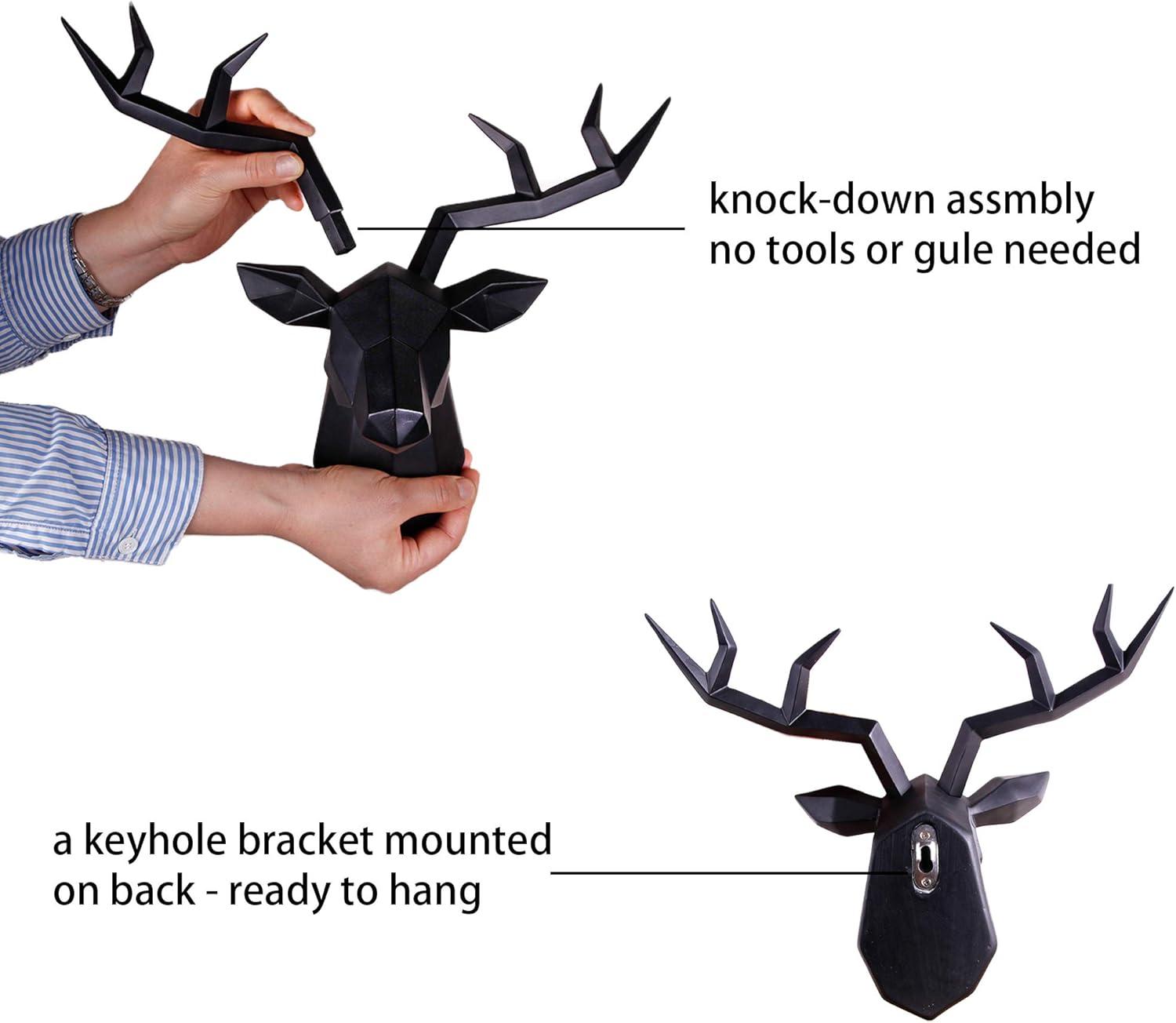 Deer Head Wall Decor Geometrical Black Deer Antlers Wall Sculpture Faux Taxidermy Resin Wall Animal Head 14x5.5x11 Inches