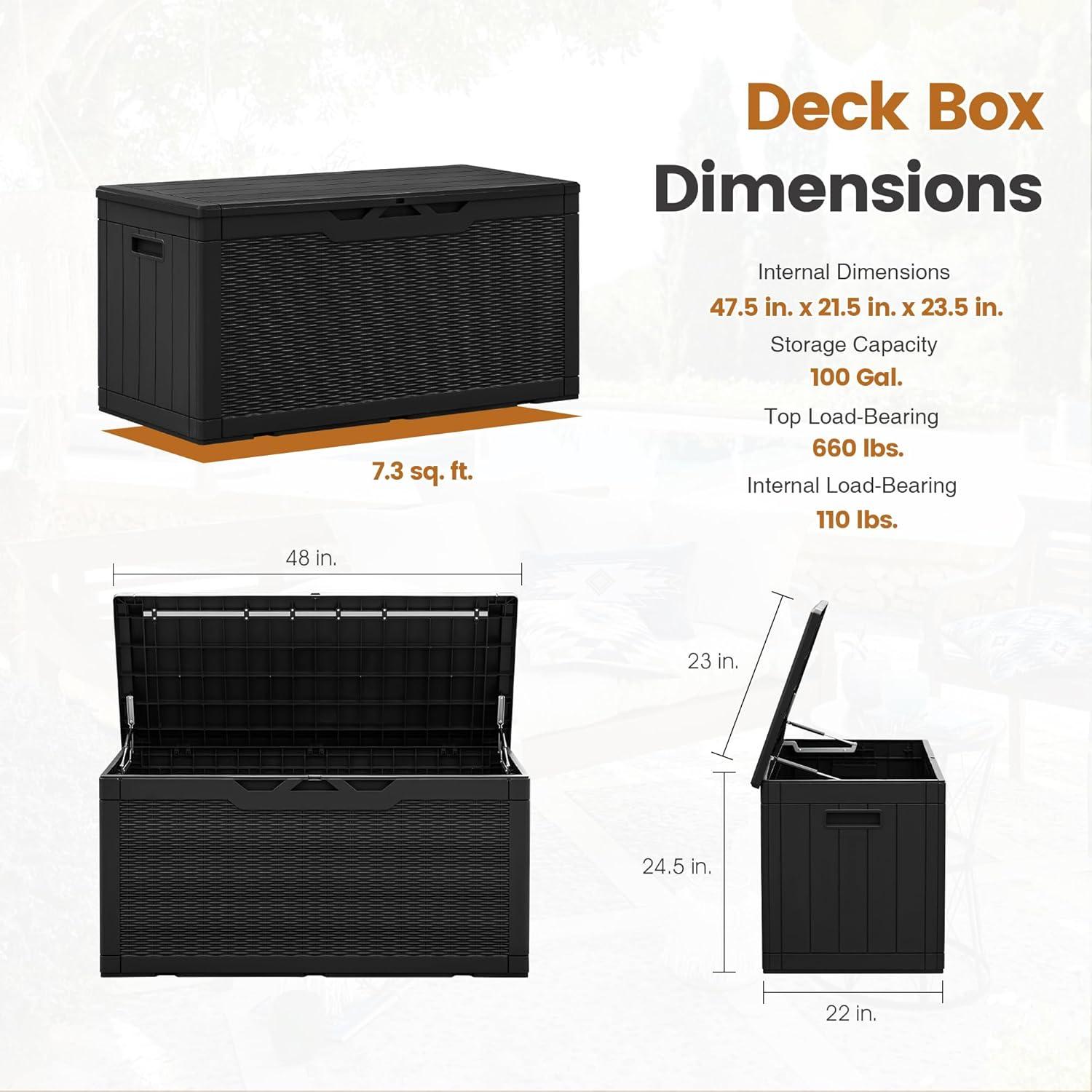 GEMBIK 100 Gallon Resin Deck Box, Large Outdoor Storage Bench with Cushions, Black