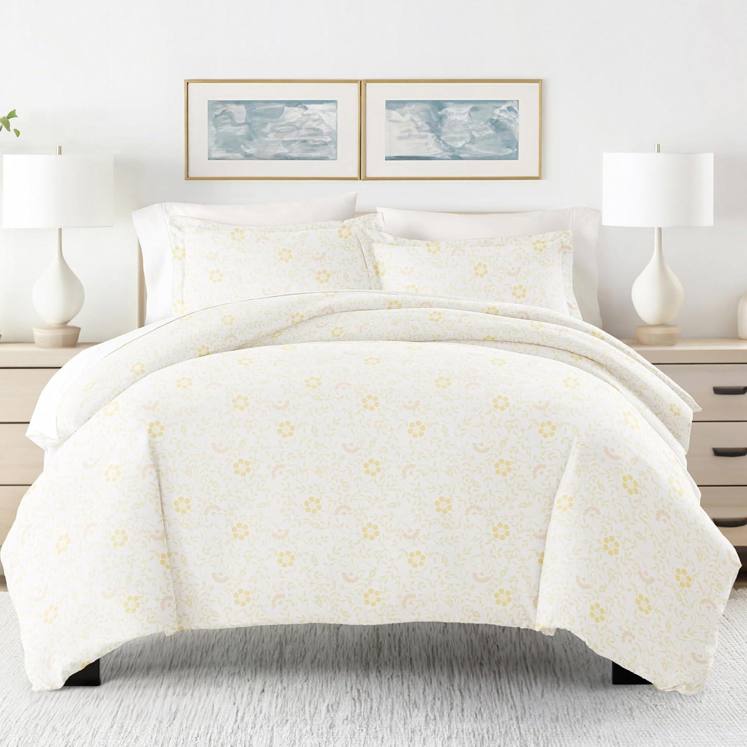 White Floral Microfiber Queen Duvet Cover Set with Shams