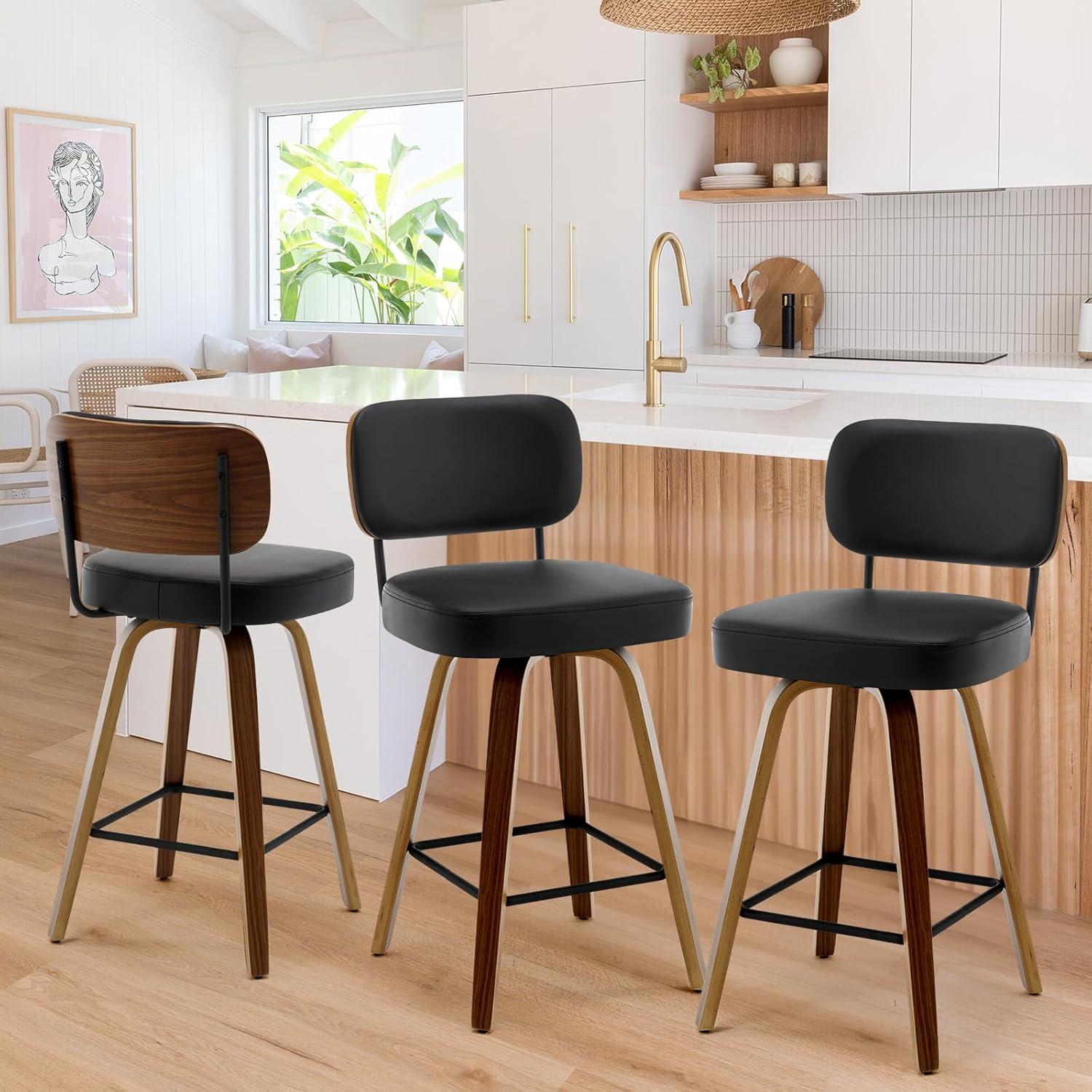 INKEDZ Swivel Counter Height Bar Stools Set of 3, Upholstered Faux Leather Barstools with Rattan Back, 26" Seat Height Bar Chairs for Kitchen Island, Bentwood Wood Frame, Cream White