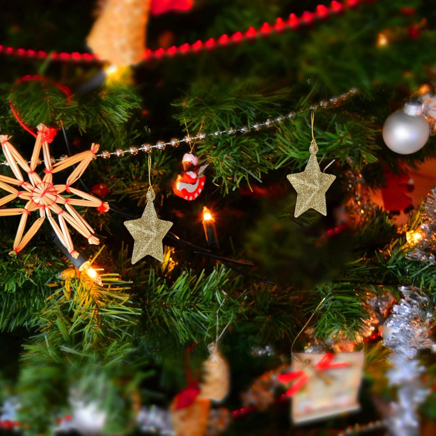 30Pcs Mini Gold Glitter Star Pendant Christmas Tree Hanging Decorations Xmas Star Pendant Tree Ornament Decoration for Christmas