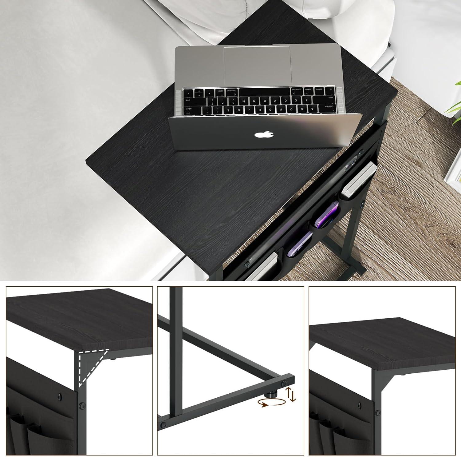 C-Shaped Side Table, Small End Table with Storage Bag, Couch Side Table with Sturdy Frame, Sturdy Slide Under Sofa Table, TV Tray Table for Living Room, Bedroom, Rustic Brown and Black BF40SF01
