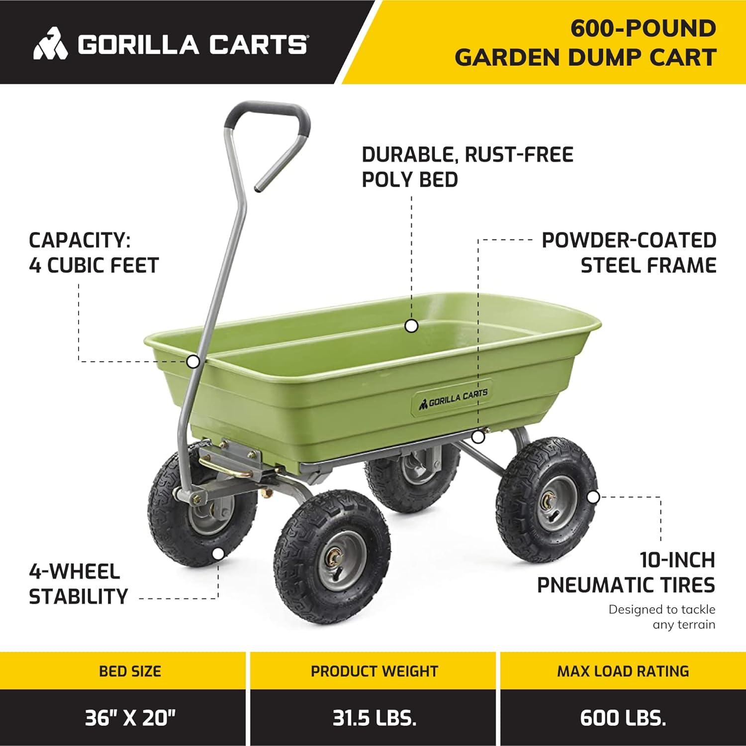 Gorilla Carts 4 Cu Ft Poly Yard Dump Cart and Utility Wagon, with Steel Frame and 600 Pound Heavy Duty Capacity, for Lawn and Gardening, Green