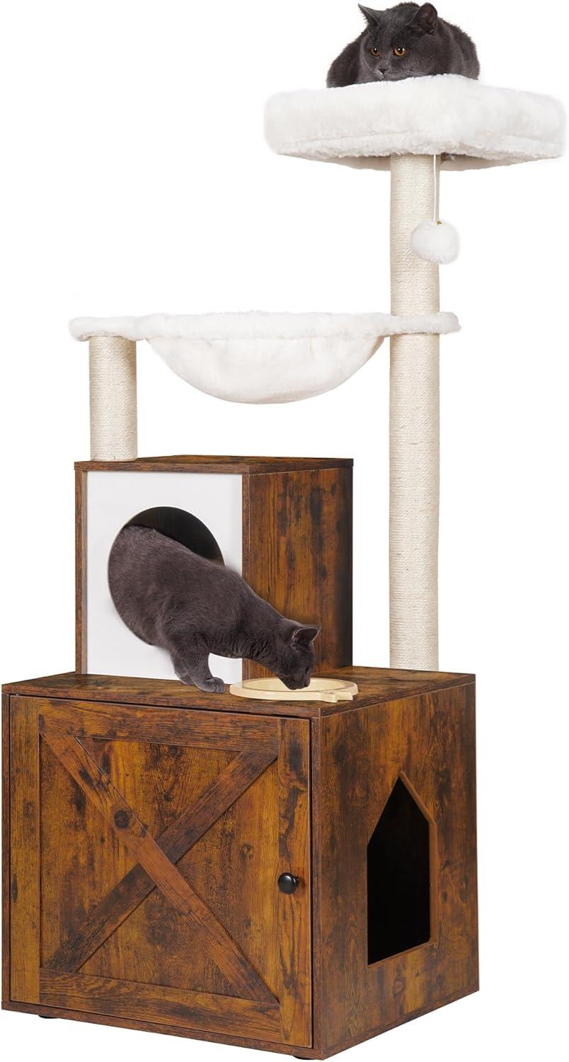 Wood Litter Box Enclosure with Food Station, All-in-one Indoor Cat Furniture with Large Platform and Condo