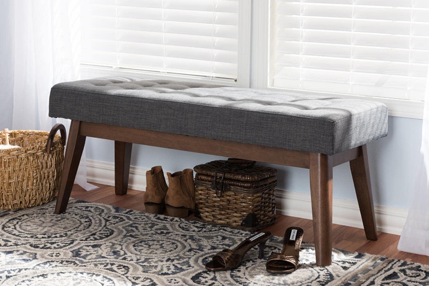 Baxton Studio Elia Mid Century Modern Walnut Wood Fabric Button Tufted Bench Dark Gray: Rubberwood Frame, Polyester Upholstery, 400lb Capacity