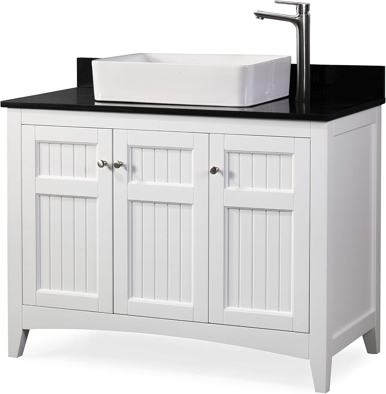 42" White Wood Freestanding Bathroom Vanity with Black Granite Top