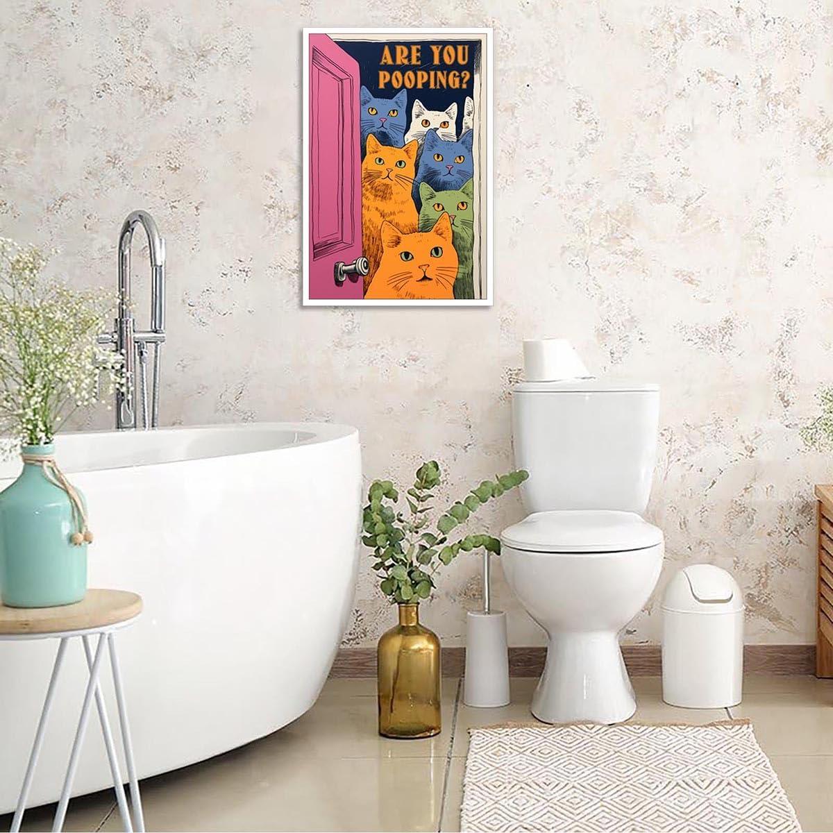 Funny Bathroom Cat Print Poster, Funky Are You Pooping Cat Sign Canvas Wall Art, Quirky Cats Witty Humor Pictures Artwork for Toilet Wall Decor 12x16in Unframed