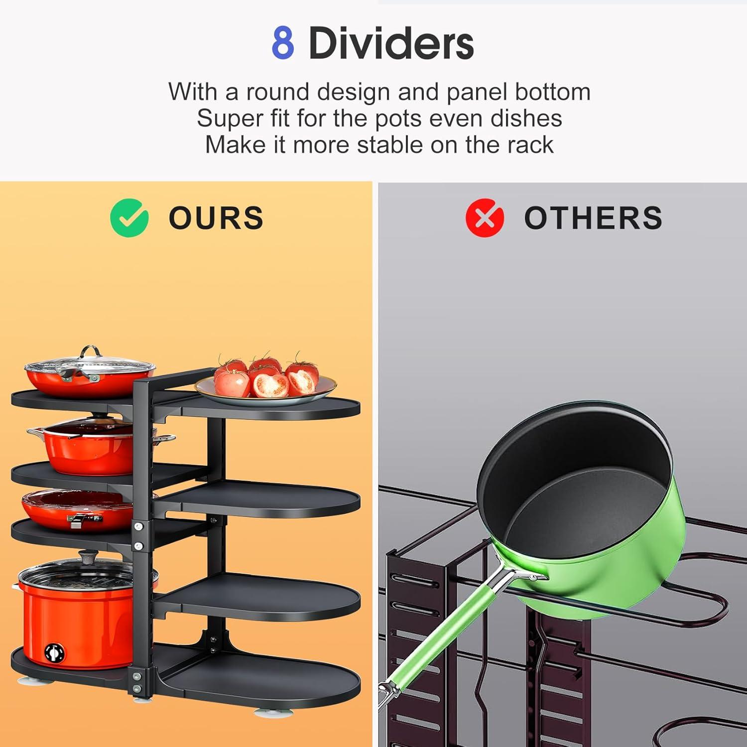 Pot and Pan Organizer for Cabinet, 8 Tier 21” Adjustable Cabinet Pan Organizer Rack Heavy Duty Pot Rack for Kitchen Storage, Snap-on Pot Pan Organizer with Panels for Stockpot and Steamer (Round)