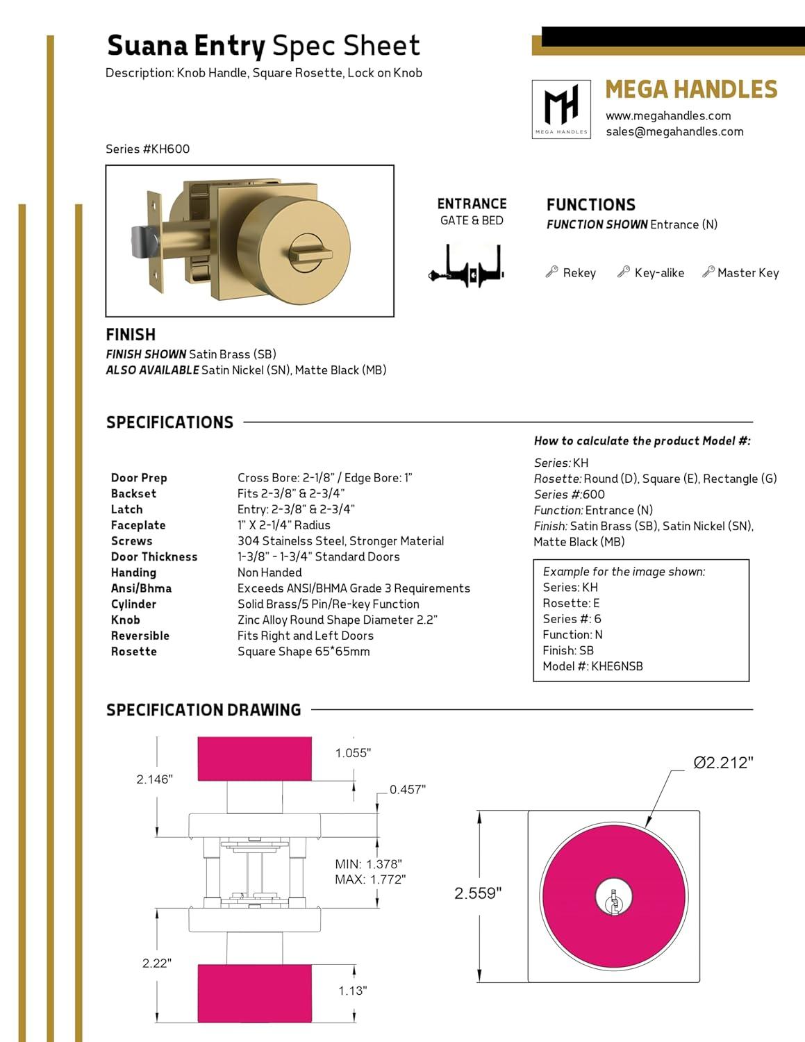 Mega Handles - SUANA Deadbolt I Entrance Deadbolt Lock - Heavy Duty Square Locking Deadbolt for Left or Right-Handed Doors - Interior/Exterior - Satin Nickel