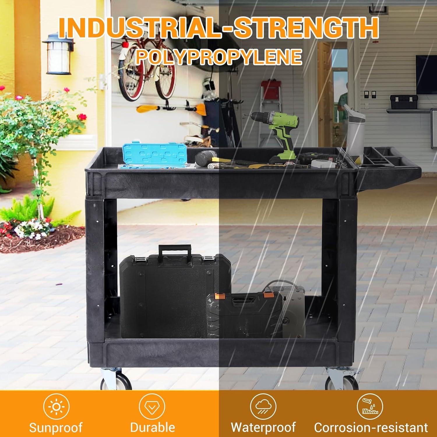 Black Heavy Duty Polypropylene 2-Shelf Rolling Utility Cart with Ergonomic Handle