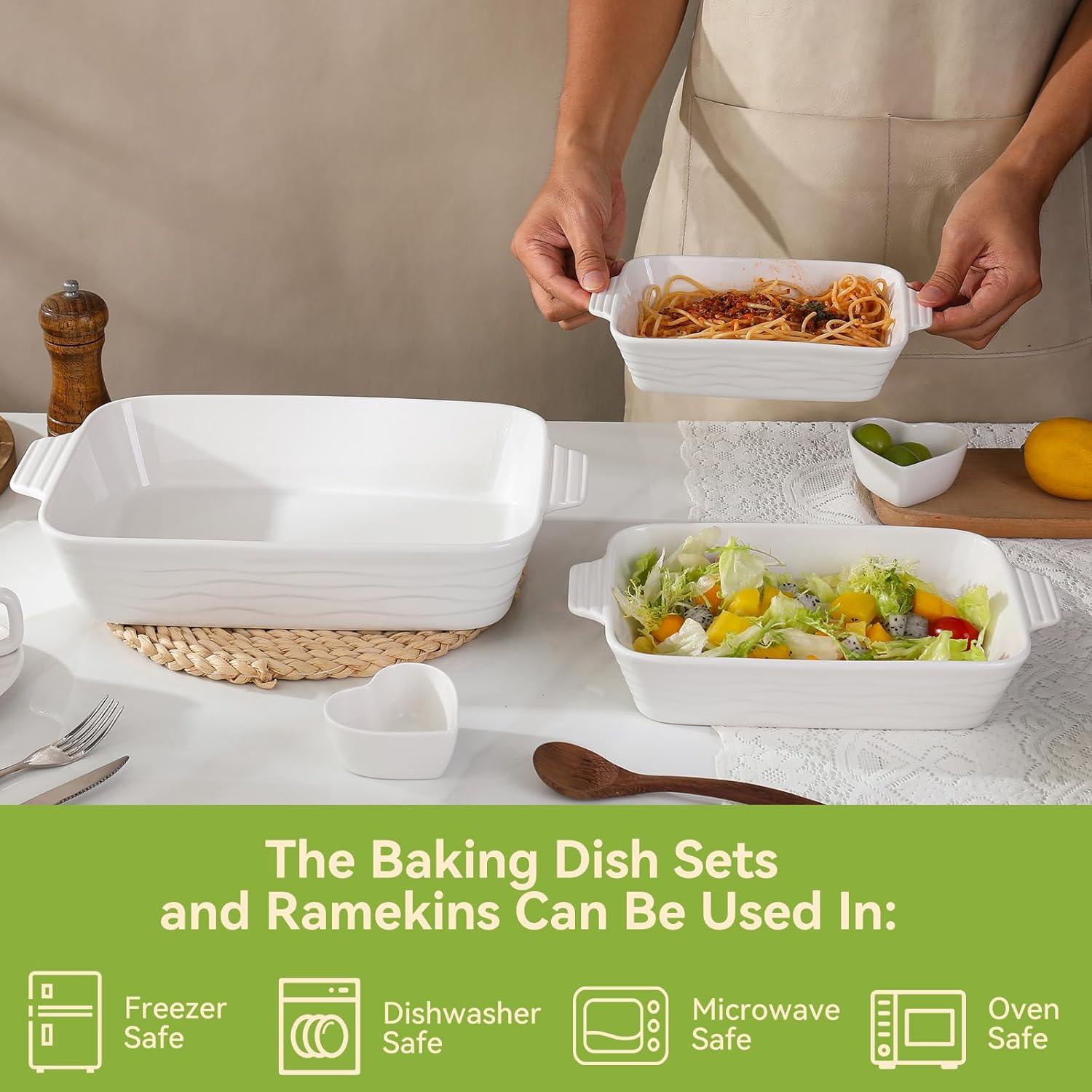 Baking Dish for Oven Casserole Dishes Bakeware Set With Ramekin Ceramic Lasagna Pan 9×12.8 Inch Large Deep Baking Dishes Rectangular Non-Stick Baking Pans for Kitchen Baking and Roasting White