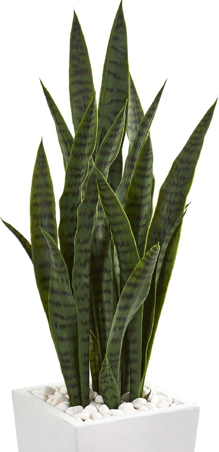 Nearly Natural 4' Plastic Sansevieria Artificial Plant in White Tower Planter, Green