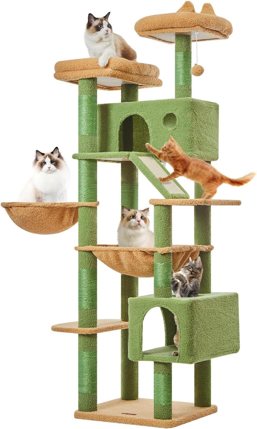 71-Inch Large Cat Tree For Large Cats Plush Multi-Level Cat Condo With 8 Scratching Posts 2 Perches Cave Hammock 2 Pompoms Scratch Board