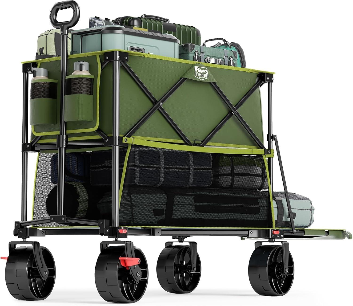 TIMBER RIDGE 400L Large Capacity Folding Double Decker Wagon with Brakes, 54" Extra Long Extender Wagon Cart, 450lbs Heavy Duty Collapsible Cart, All-Terrain Big Wheels for Camping, Sports, Shopping