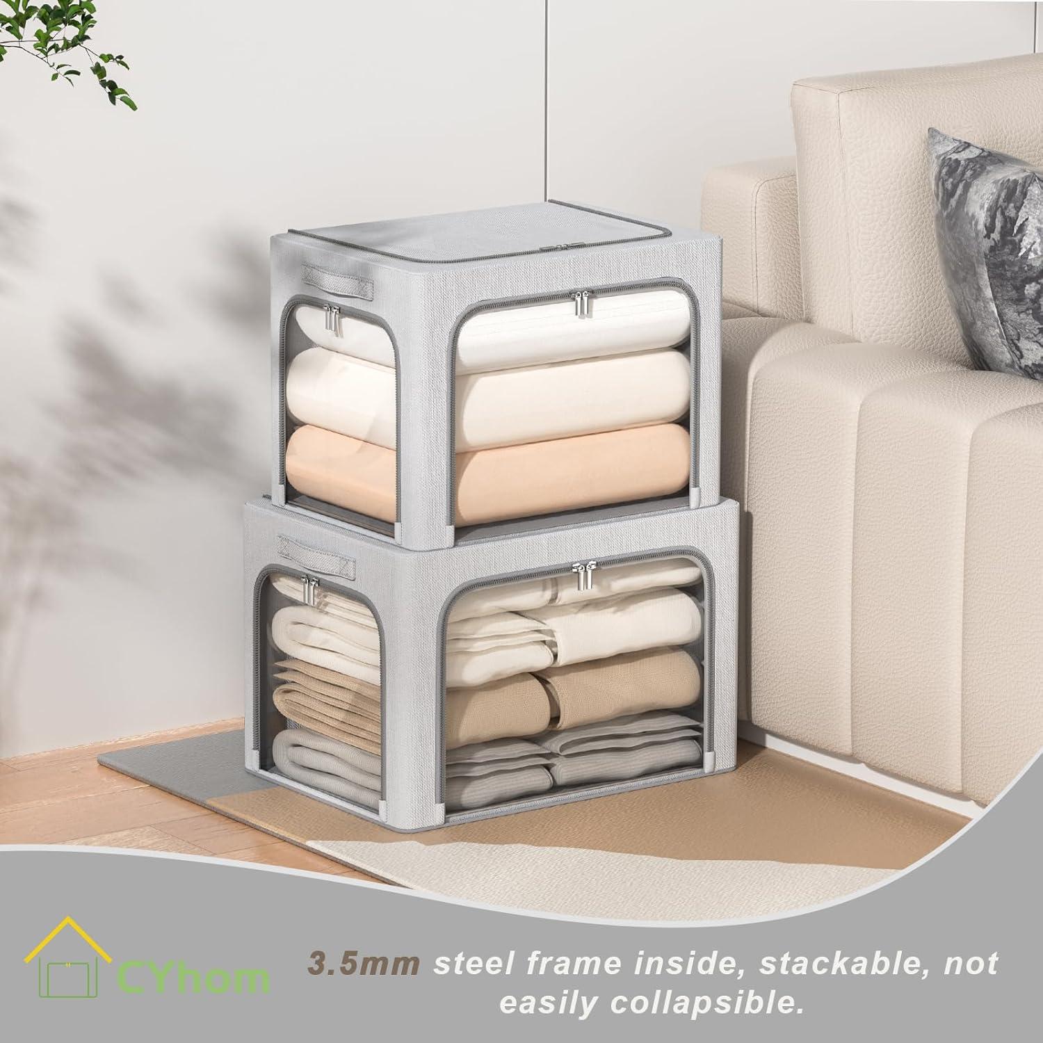 3 Openings Clothes Storage Bins With Metal Frame, Foldable Storage Bin For Clothes, Clothing Storage Bins With Lid, Linen Storage Box With Clear Window& Zippers& Durable Handles.(3 Pcs,Light Grey,40L)