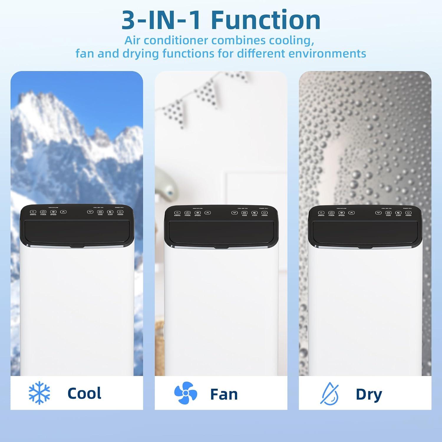 Portable Air Conditioner 14000 BTU 3 in 1 with Remote Cool & Dual Motors & Auto Swing, Dehumidifier & Fan Modes for Home Up To 750 Sq.Ft