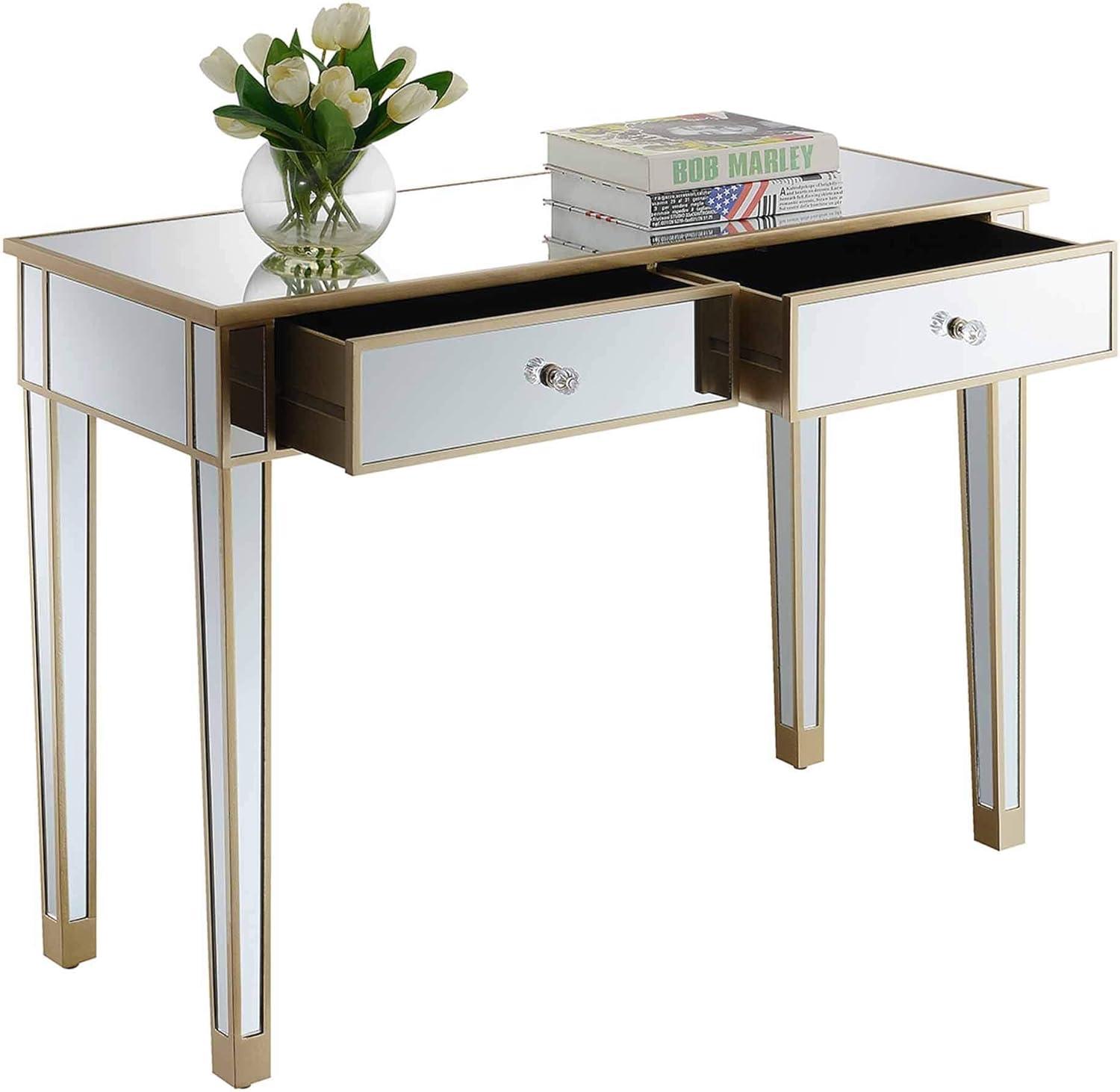 Chic Champagne Mirrored 2-Drawer Console Desk with Crystal Knobs