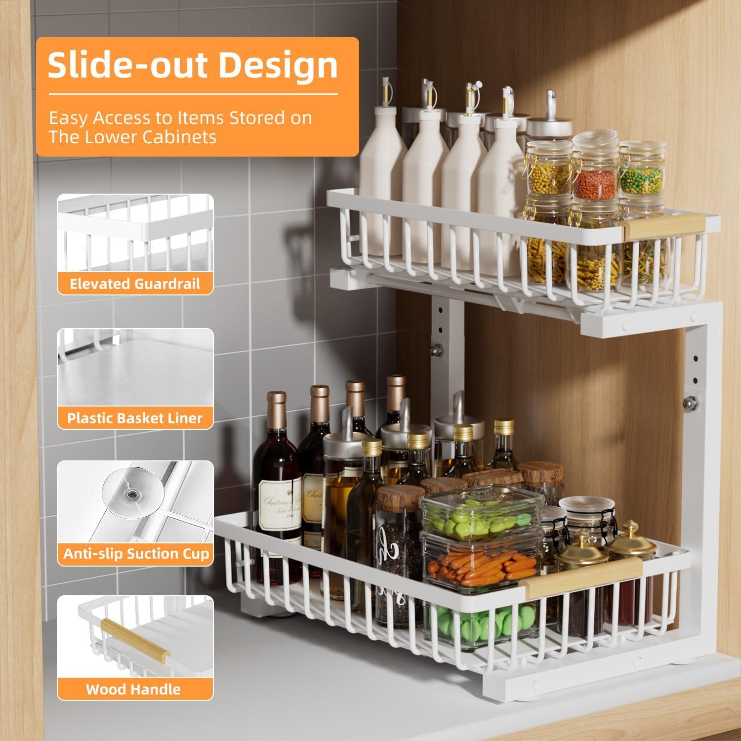 Rebrilliant Under Sink Organizer, 2 Tier Under Sink Organizers And Storage, Metal Slide Out Pull Out Cabinet Organizer ,2 Pack Sliding Drawer Organizer For Kitchen Bathroom Pantry