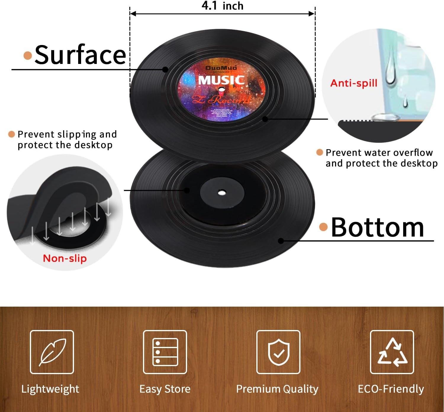 Funny Retro Record Coasters for Drinks with Vinyl Player Holder for Music Lovers,Set of 6 Conversation Piece Sayings Drink Coaster,Housewarming Hostess Wedding Registry Gift Ideas