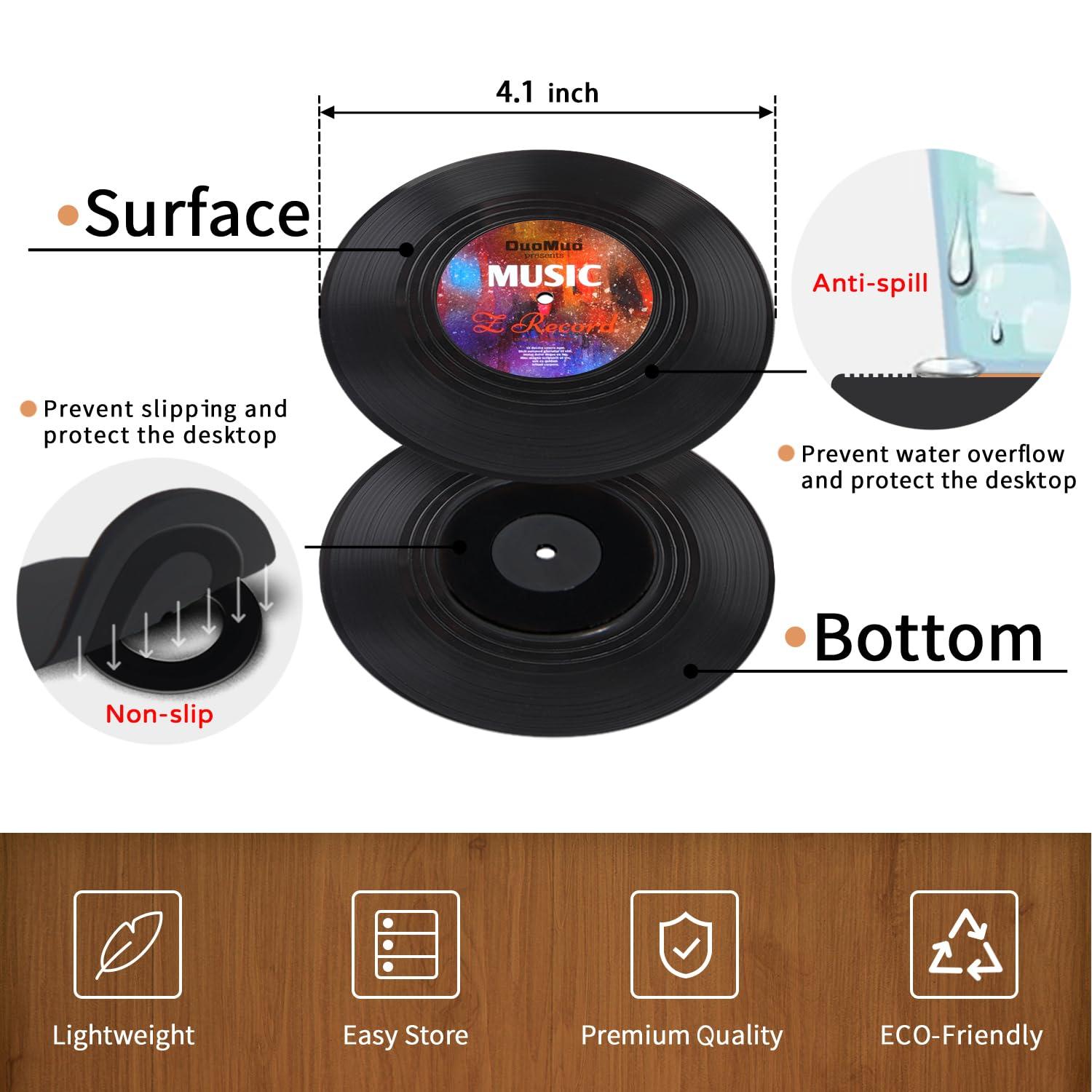 Funny Retro Record Coasters for Drinks with Vinyl Player Holder for Music Lovers,Set of 6 Conversation Piece Sayings Drink Coaster,Housewarming Hostess Wedding Registry Gift Ideas