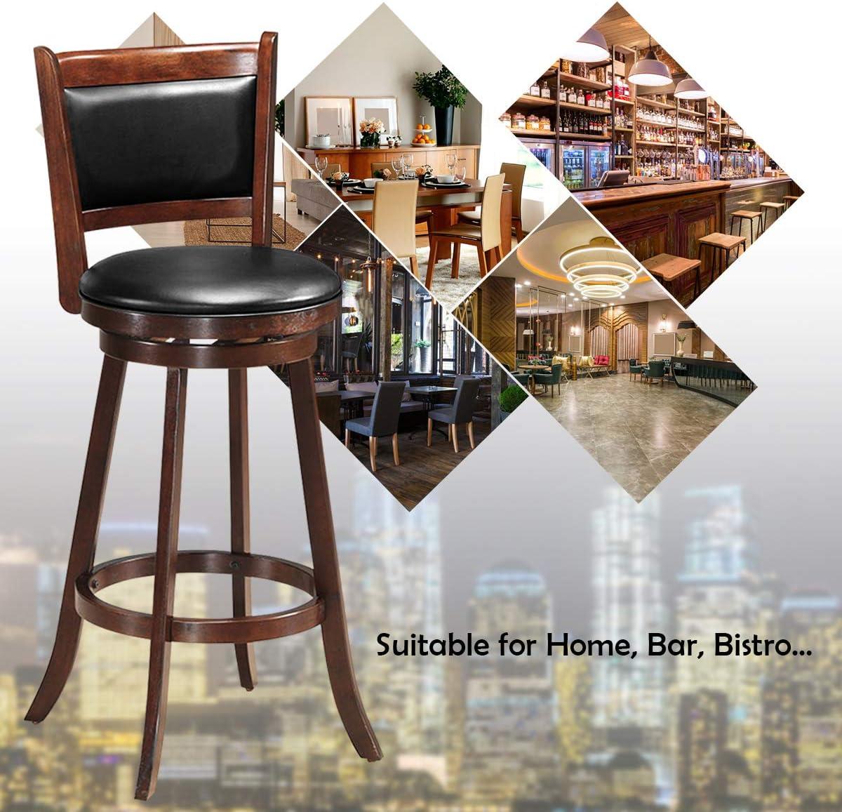 Costway Set of 2 29'' Swivel Bar Height Stool Wood Dining Chair Upholstered Seat Panel Back Espresso