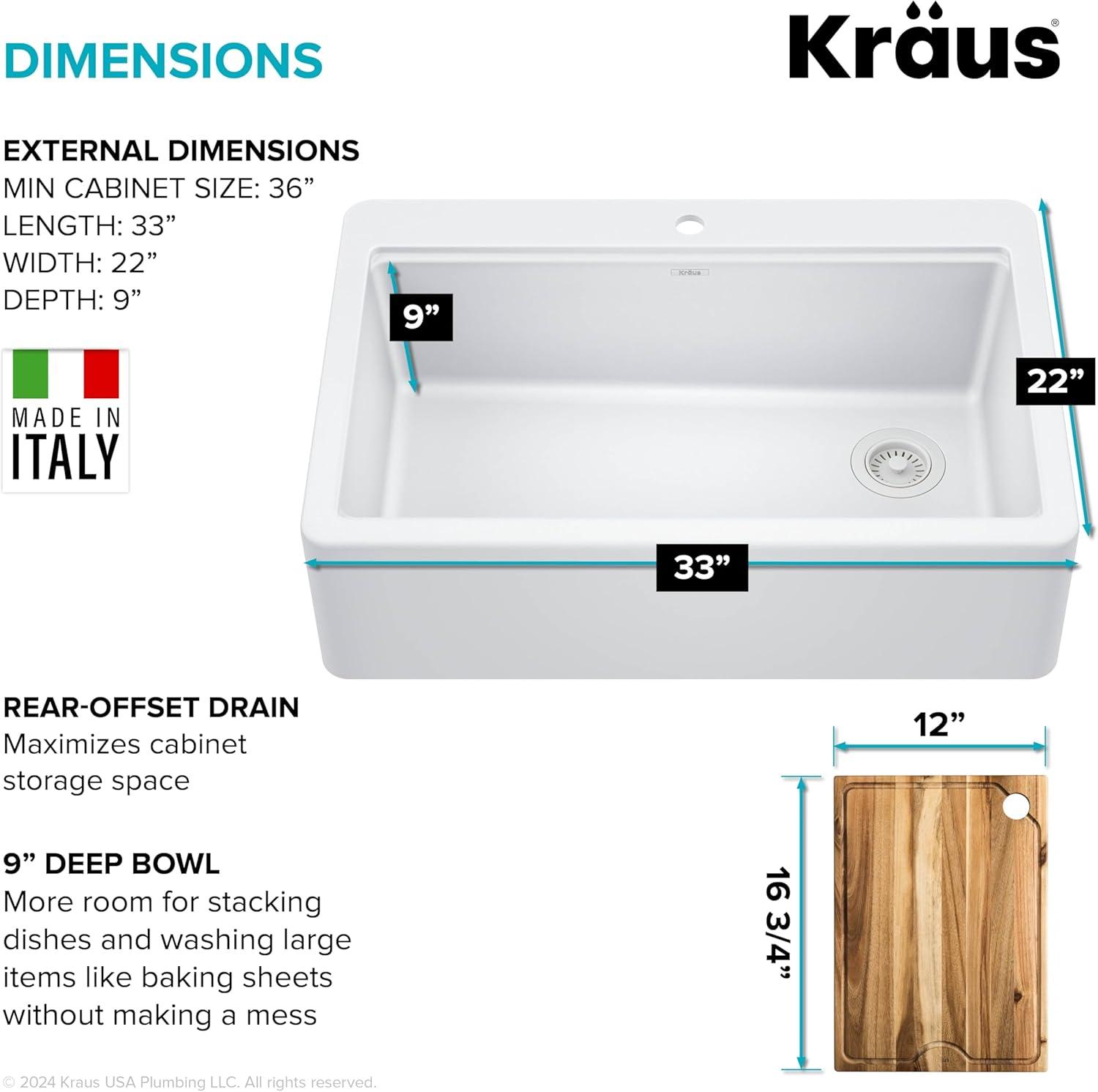 KRAUS Bellucci 33” Workstation Drop In Retrofit Farmhouse Single Bowl Granite Kitchen Sink With Accessories