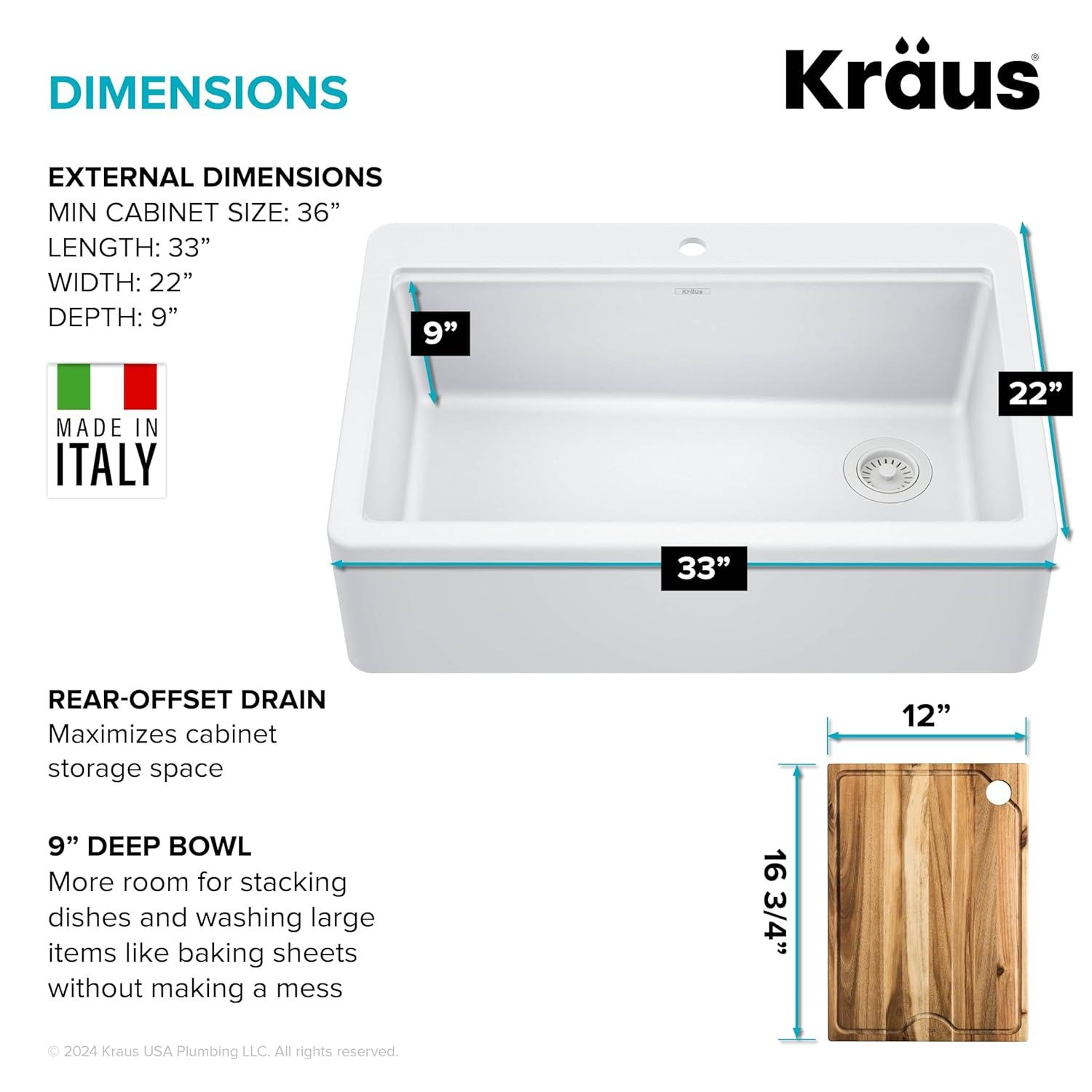 KRAUS Bellucci 33” Workstation Drop In Retrofit Farmhouse Single Bowl Granite Kitchen Sink With Accessories