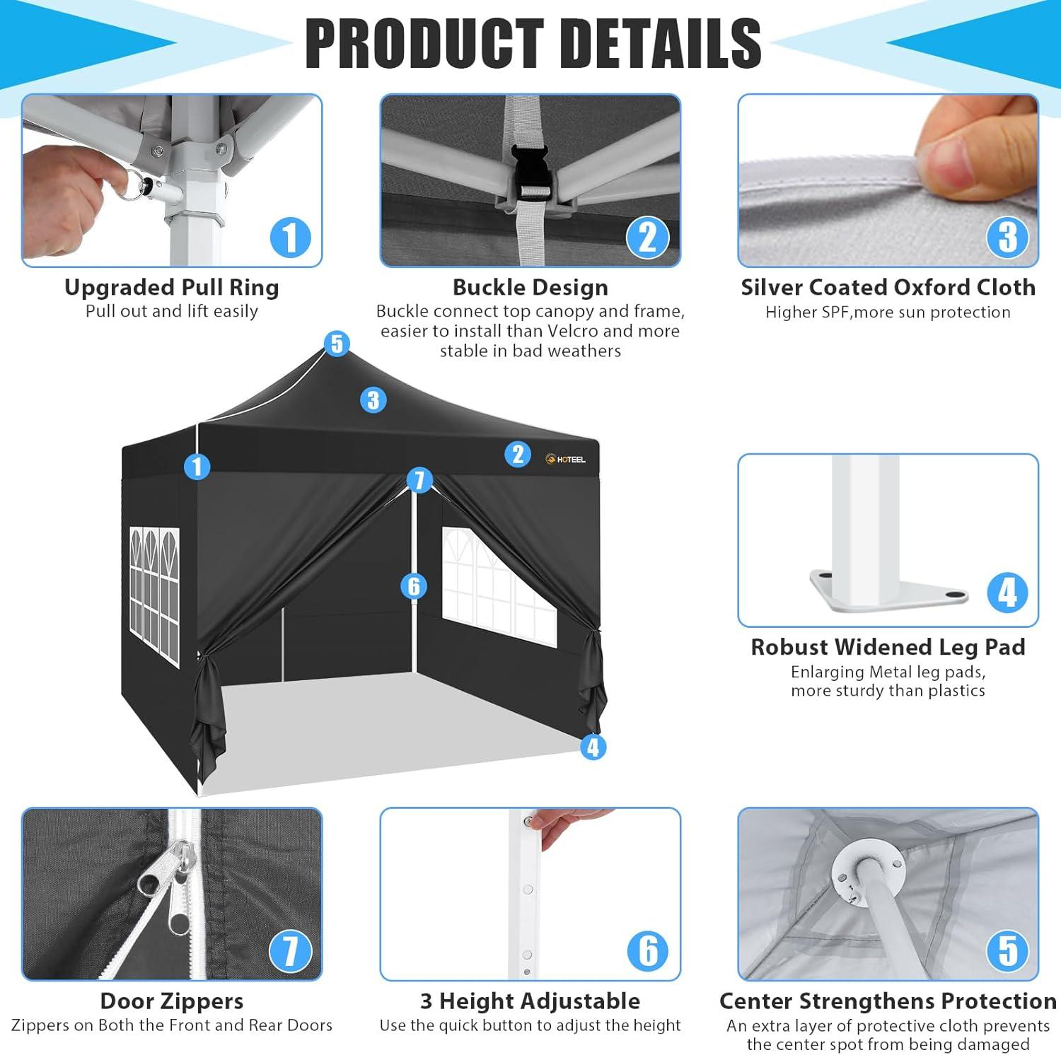 COBIZI 10x10 Heavy Duty Pop Up Canopy Tent with 4 Sidewalls, Commercial Instant Waterproof Shelter, UV 50+ with Silver Coated, Upgraded Thickened Hexagonal Legs,Black