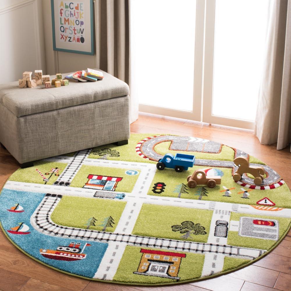 SAFAVIEH Carousel Kids Devan Train Track Area Rug, Green/Ivory, 5'3" x 5'3" Round