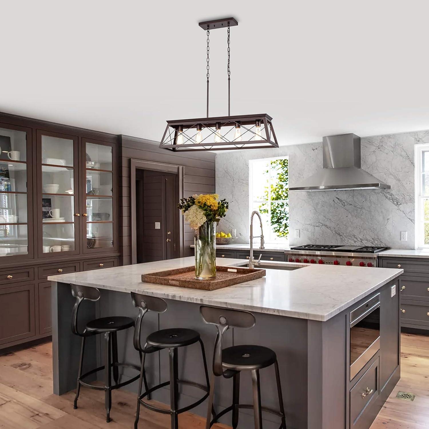 Progress Lighting Briarwood 5-Light Linear Chandelier, Antique Bronze, Faux-Painted Wood Enclosure