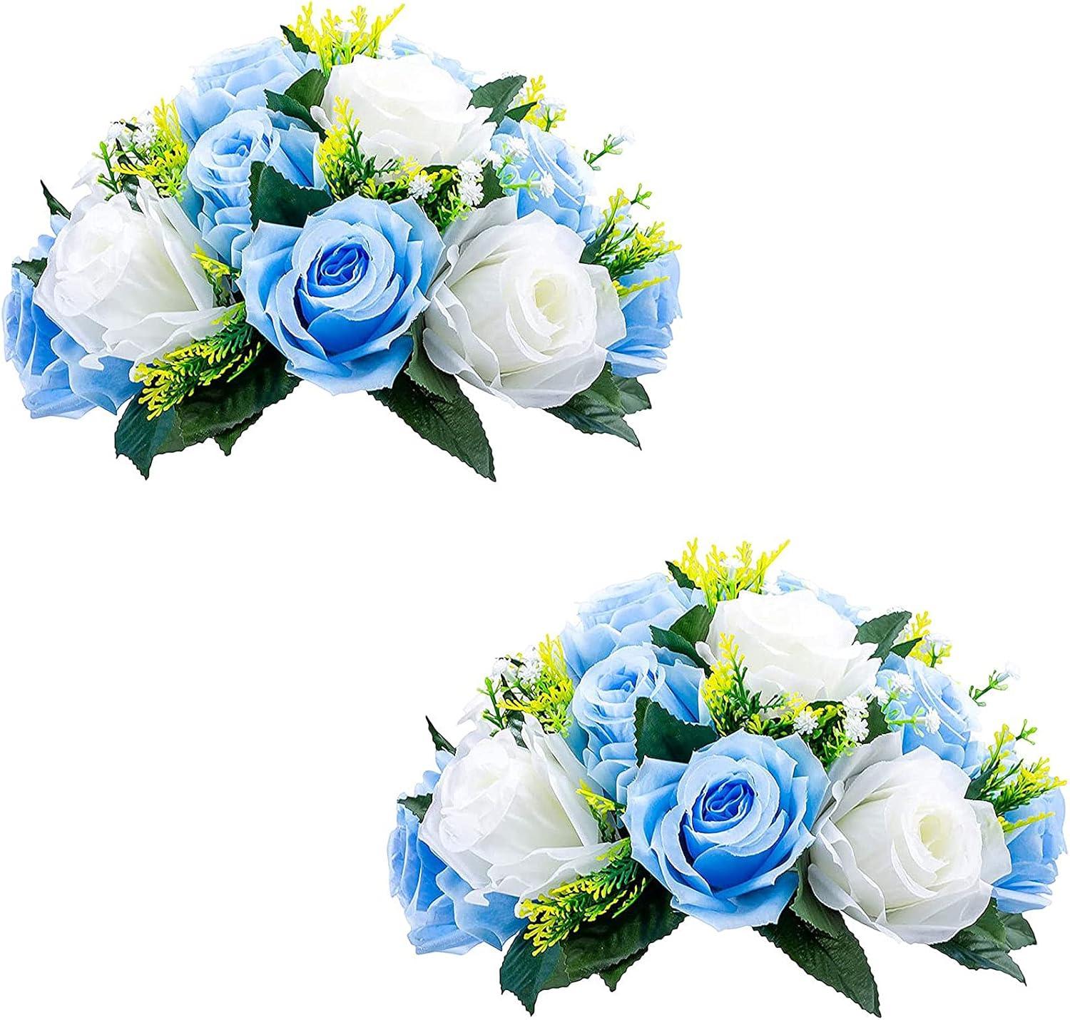 Nuptio Set of 2 Blue&White Artificial Flower Kissing ball, 15 Heads Fake Peony Silk Rose Flowers Bouquet for Centerpiece Wedding Birthday Party Home Table Decor