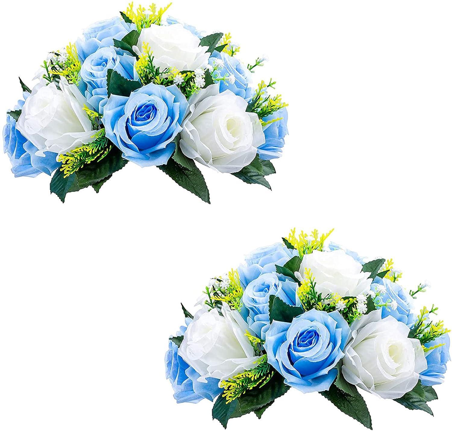 Nuptio Set of 2 Blue&White Artificial Flower Kissing ball, 15 Heads Fake Peony Silk Rose Flowers Bouquet for Centerpiece Wedding Birthday Party Home Table Decor
