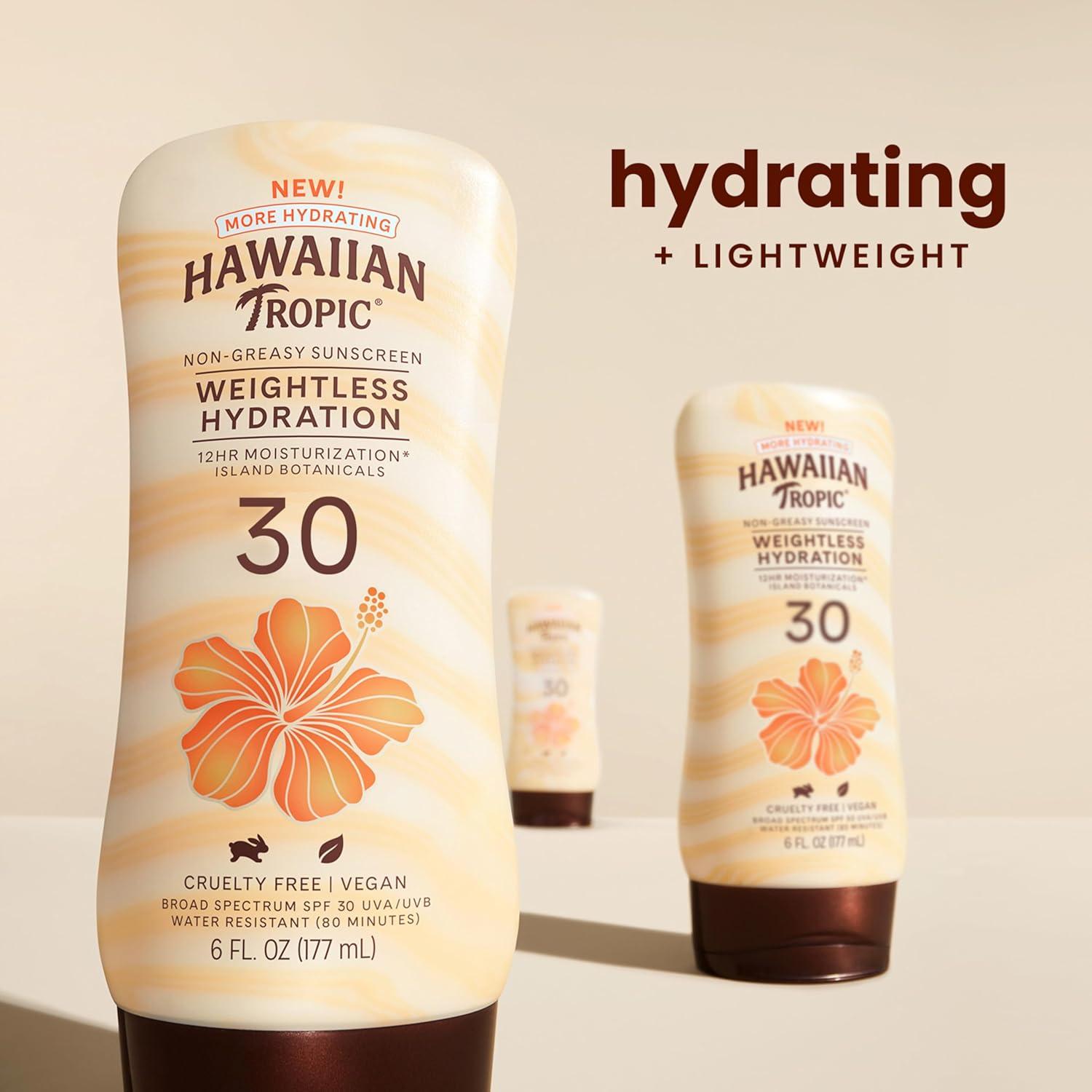 Hawaiian Tropic SPF 30 Broad Spectrum Sunscreen, Hydration Weightless Moisturizing Sunscreen Lotion, 6 Fl Oz, Twin Pack