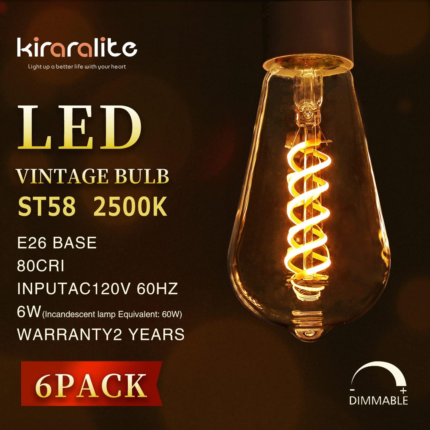 6 Pack ST19 ST58 Edison Bulb, Vintage LED Filament Bulb,Softy White 2700K, Antique Flexible Spiral LED Filament Light Bulb, Dimmable 600LM, 6W Equivalent to 60W, E26 Base,Clear Glass