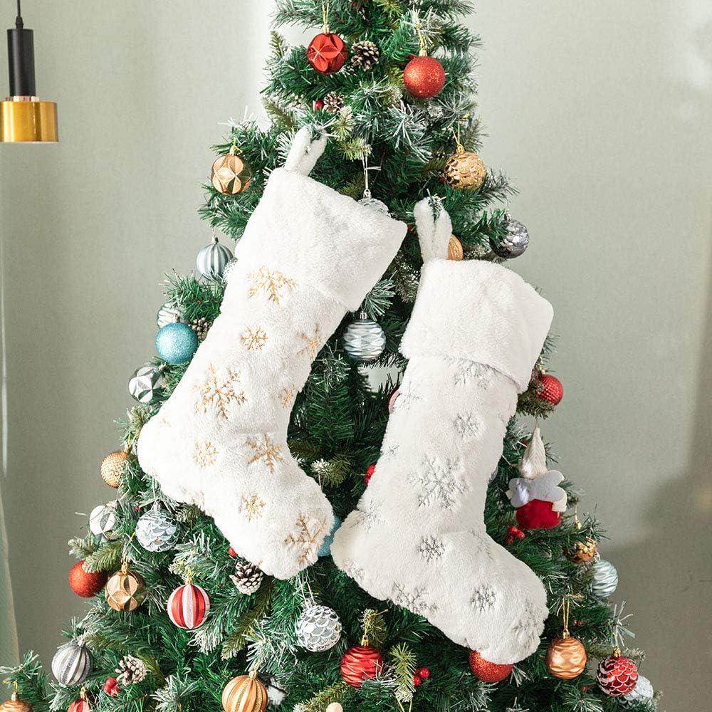 White Faux Fur Christmas Stockings with Gold Snowflakes, 22 Inches