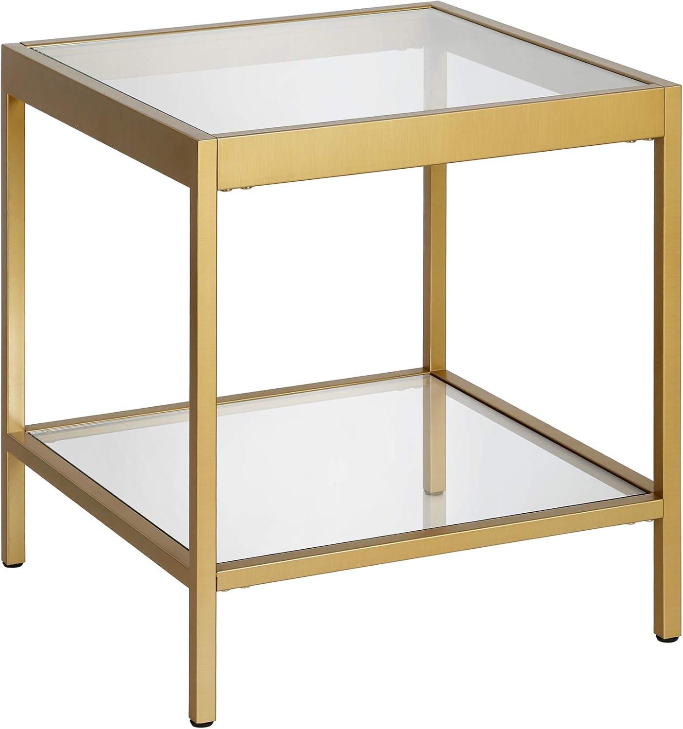 Sleek 20" Brass Square Side Table with Glass Shelves