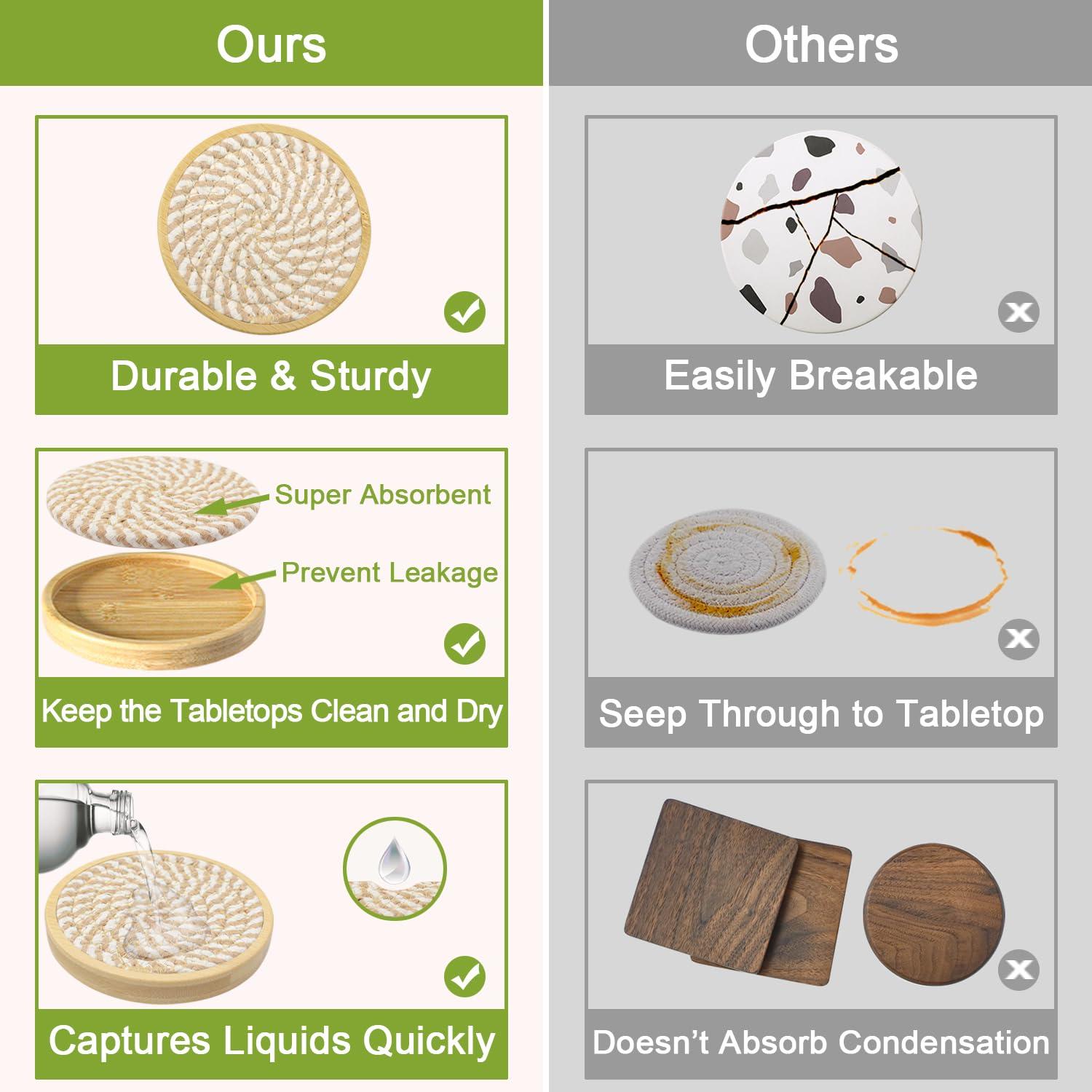 Wood Coasters for Drinks, Absorbent Coaster Sets of 5, Woven Drink Coasters for Coffee Table, Housewarming Gift for Farmhouse Home Decor,4 inches #1 Brown 5 Pack