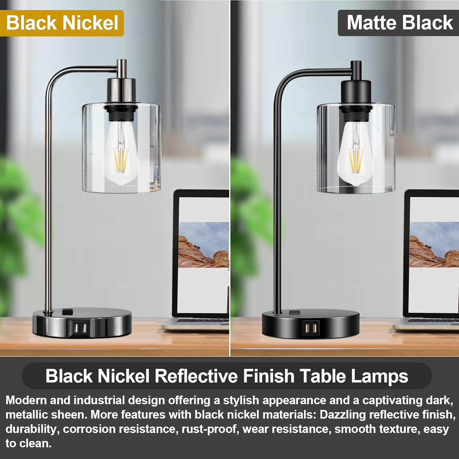 Industrial Nightstand Lamps for Bedrooms Set of 2 - Fully Dimmable Bedside Lamps with USB A C Ports and Outlet, Black Table Lamps with Clear Glass Shade for Living Room, Desk Lamps for Office Reading