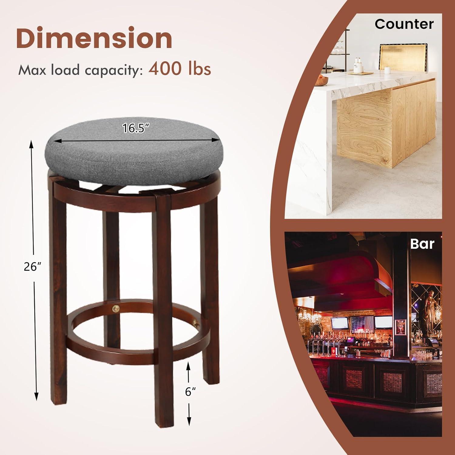 Costway Set of 2 Upholstered Swivel Round Bar Stools 26'' Wooden Pub Kitchen Chairs Gray