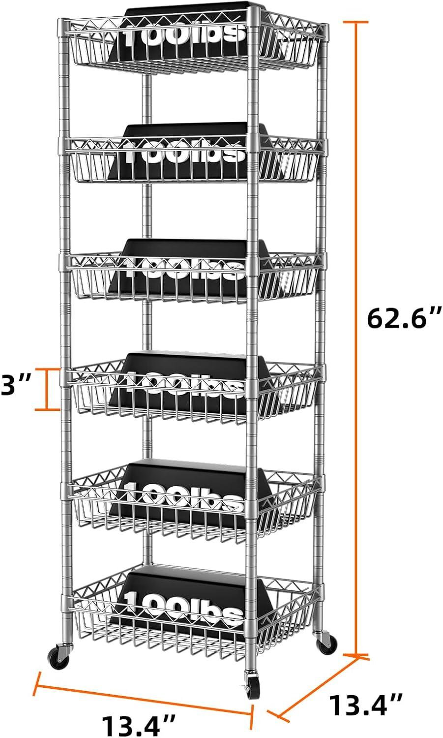 SINGAYE 6 Tier Shelf Adjustable Storage Shelves Rack Standing Units with Wheels Closet Wire Shelving Organizers Metal Pantry Kitchen Laundry Room 13.5" D x 13.5" W x 63" H Silver