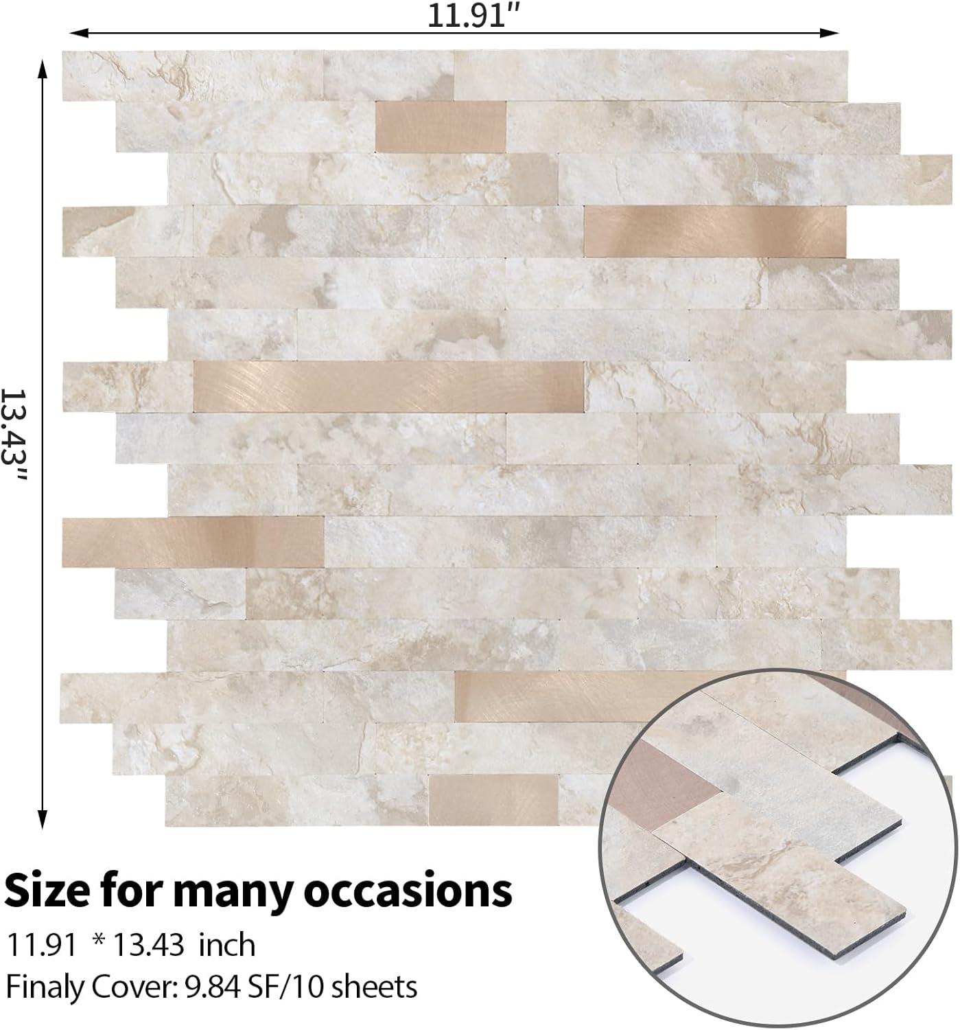 10-Pack Peel and Stick Tile Backsplash 12"X12" PVC Wall Tiles, Stick on Backsplash for Kitchen, Bathroom Tile, Fireplace Décor, Laundry Table, Stair Decals in Cala Golden