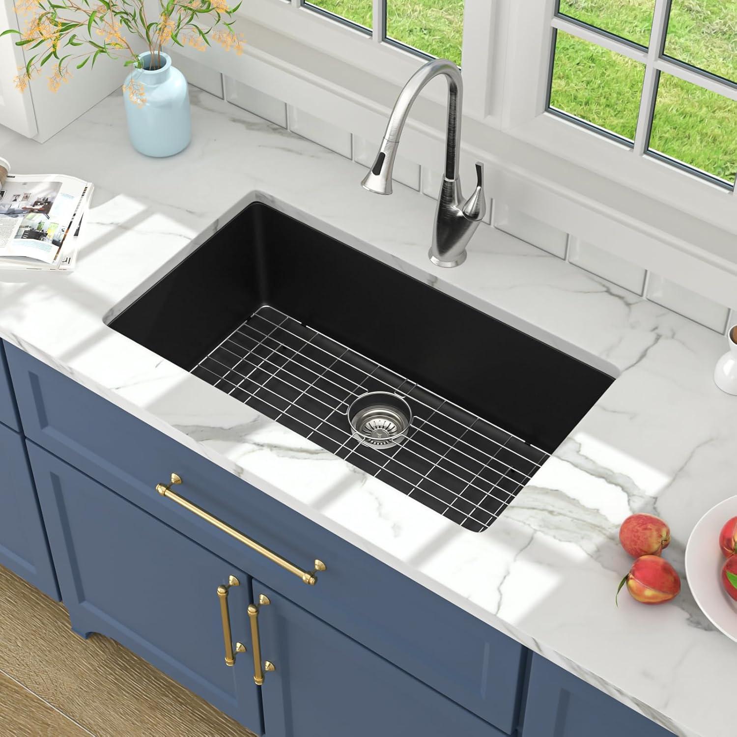 Davivy 33 Inch Black Granite Composite Kitchen Sink Workstation, 33 X 22 Quartz Composite Dual Mount Sink, Matte Black Composite Single Bowl Sink