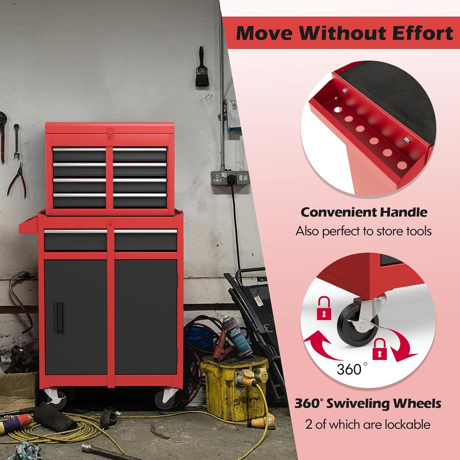 Tool Chest, 5-Drawer Rolling Tool Storage Cabinet with Detachable Top Tool Box, Liner, Universal Lockable Wheels